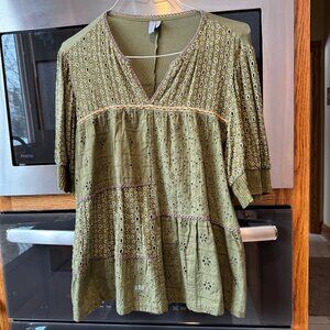 Bl^nk London for Anthropologie Patchwork Eyelet Pullover Blouse Olive Green P XL